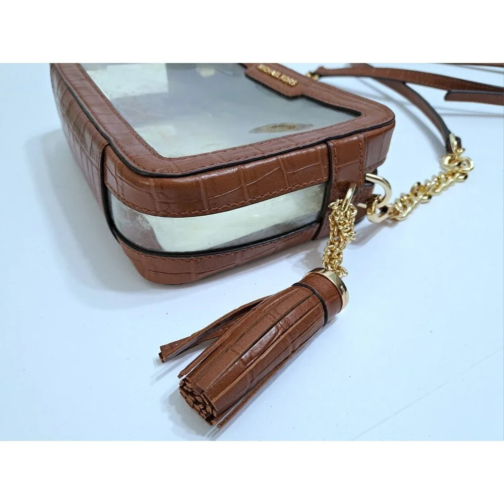 Michael Kors Clear Crossbody Bag Zip Gold Chain Brown Leather Stadium Ginny Jet